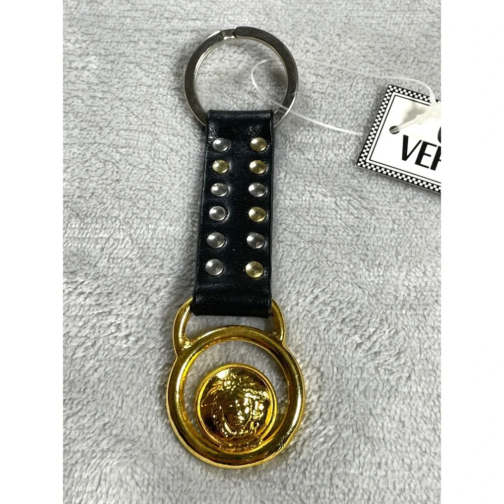 Vintage Gianni Versace Medusa Keychain Black Gold Leather Studded With Box Tag